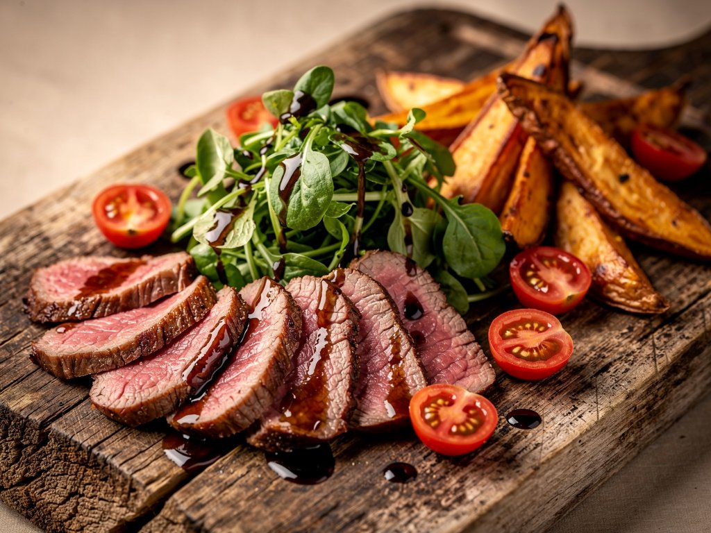 Steak Tagliata with Rosemary Sweet Potato Wedges and Watercress Salad