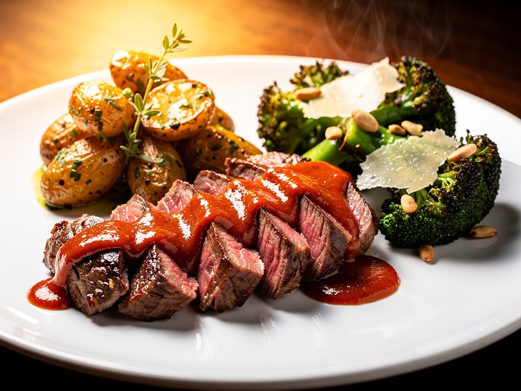 Steak with Tomato Gravy, Roasted Broccoli, and Fingerling Potatoes