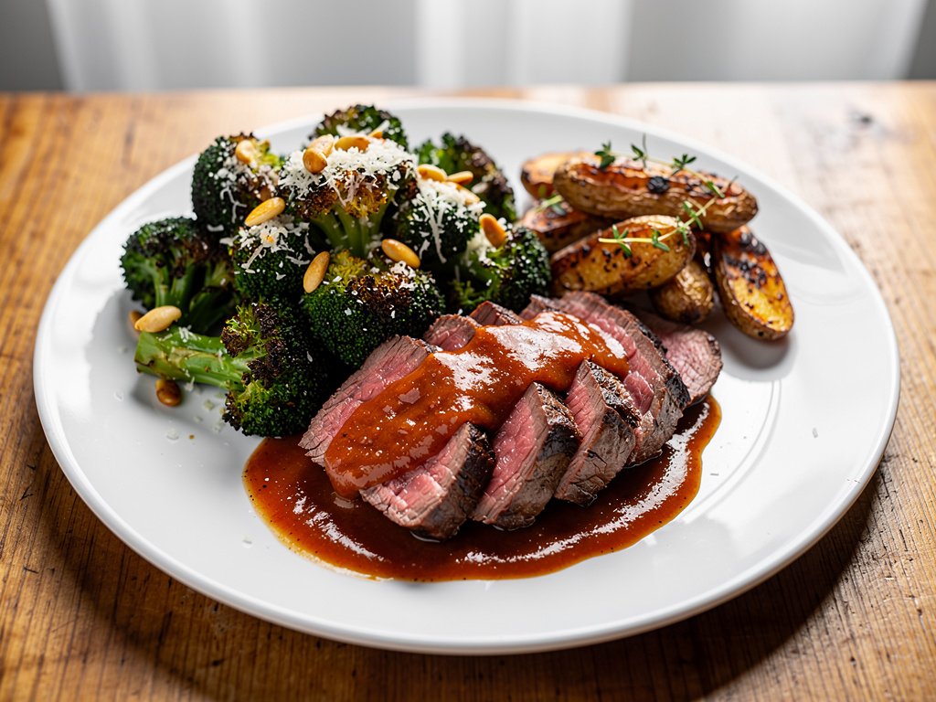 Steak with Tomato Gravy, Roasted Broccoli, and Fingerling Potatoes