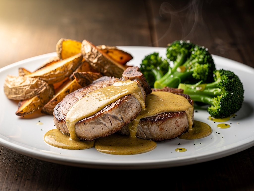 Steakhouse Pork Chops with Creamy Pan Sauce, Roasted Potatoes & Lemony Broccoli