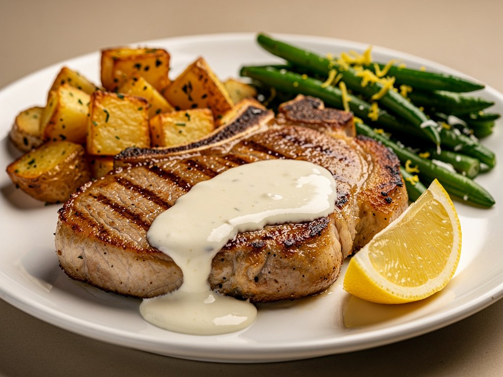 Steakhouse-Style Pork Chops with Creamy Pan Sauce, Roasted Potatoes & Lemon Green Beans