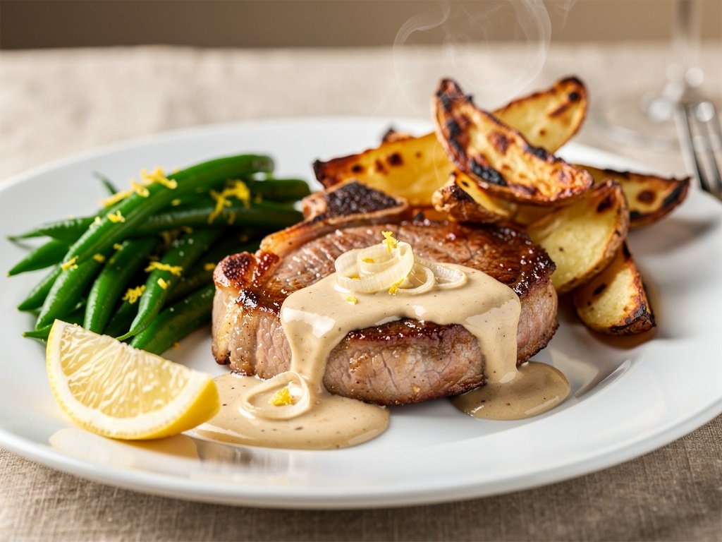Steakhouse-Style Pork Chops with Creamy Shallot Sauce and Lemony Green Beans