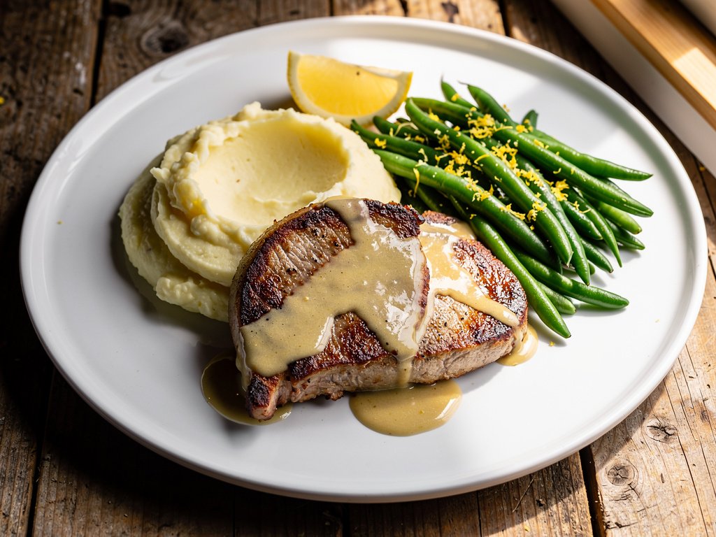 Steakhouse-Style Pork Chops with Creamy Shallot Sauce and Lemon Green Beans