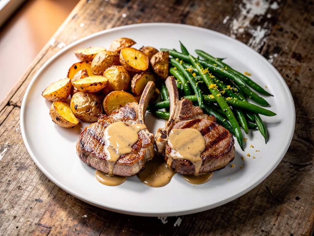 Steakhouse Pork Chops with Roasted Potatoes and Lemony Green Beans