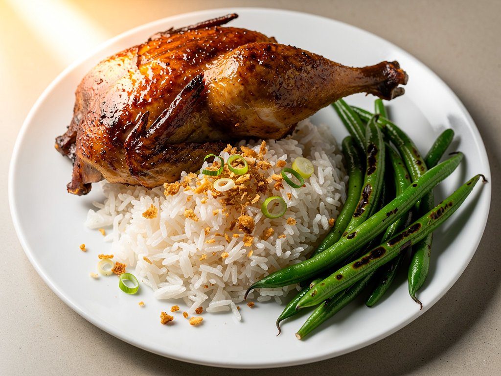Sticky Adobo Glazed Chicken with Garlic Rice and Green Beans