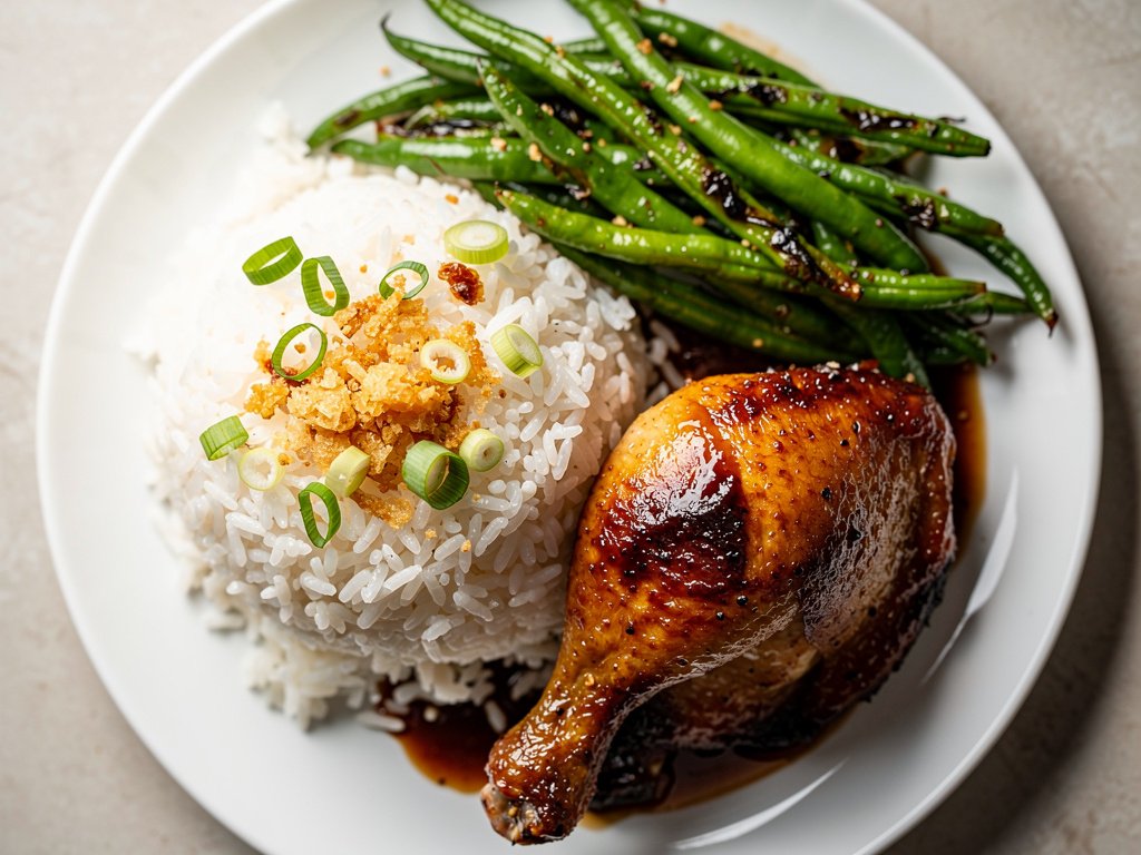 Sticky Adobo-Glazed Chicken with Garlic Rice and Green Beans