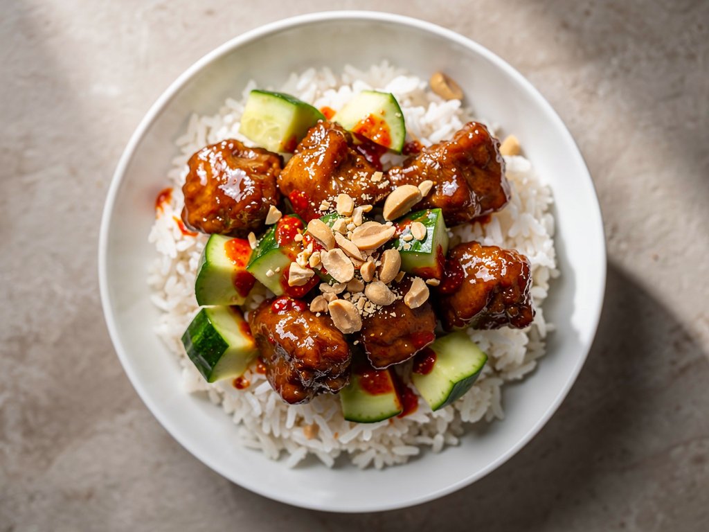 Sticky Ginger Chicken Bowls with Spicy Smashed Cucumbers and Peanuts