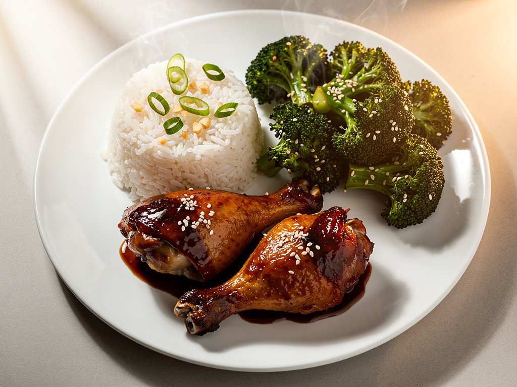 Sticky Hoisin-Glazed Chicken Legs with Garlic Scallion Rice and Sesame Broccoli