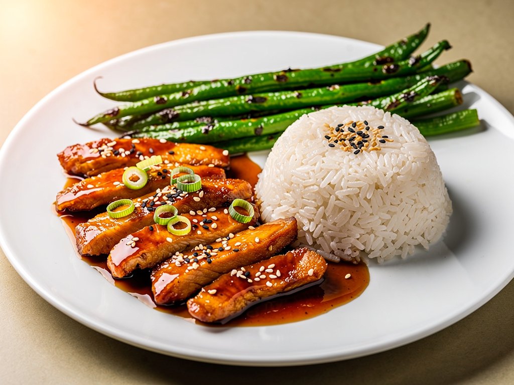 Sticky Hoisin Honey Chicken with Green Beans and Jasmine Rice