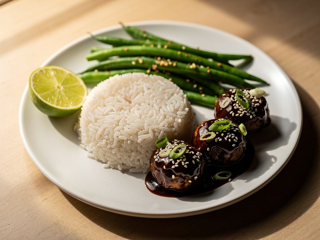 Sticky Hoisin Meatballs with Jasmine Rice and Green Beans