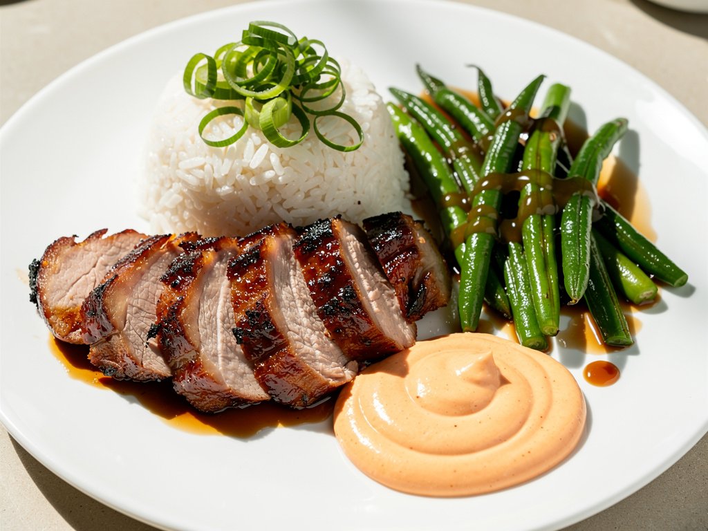 Sticky Hoisin Pork Tenderloin with Scallion Rice and Ponzu Green Beans