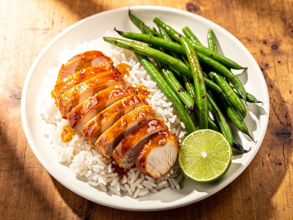 Sticky Honey Ginger Chicken with Green Beans and Jasmine Rice