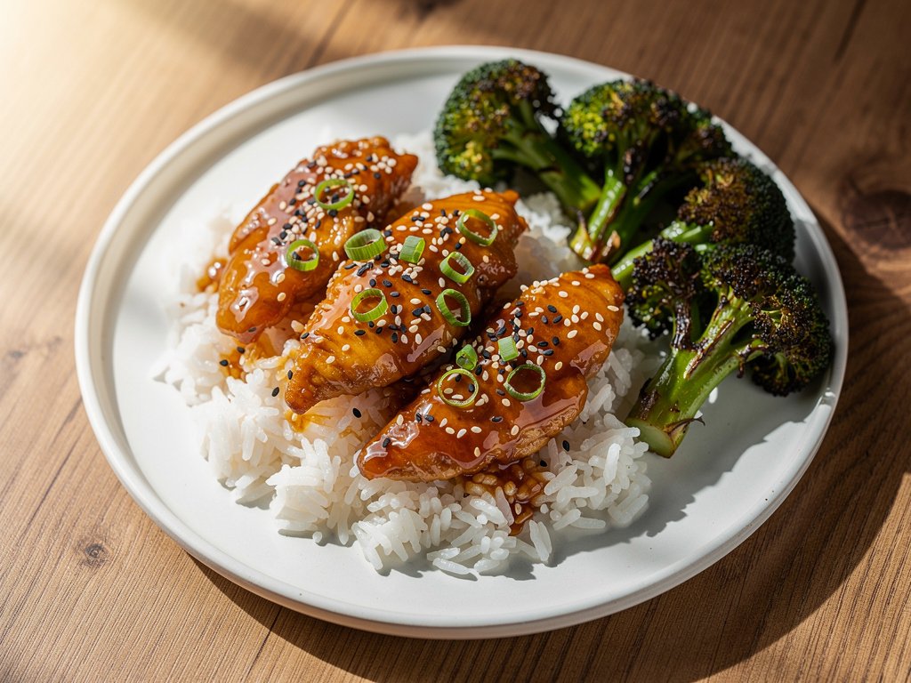 Sticky Honey Sesame Chicken with Broccoli and Jasmine Rice