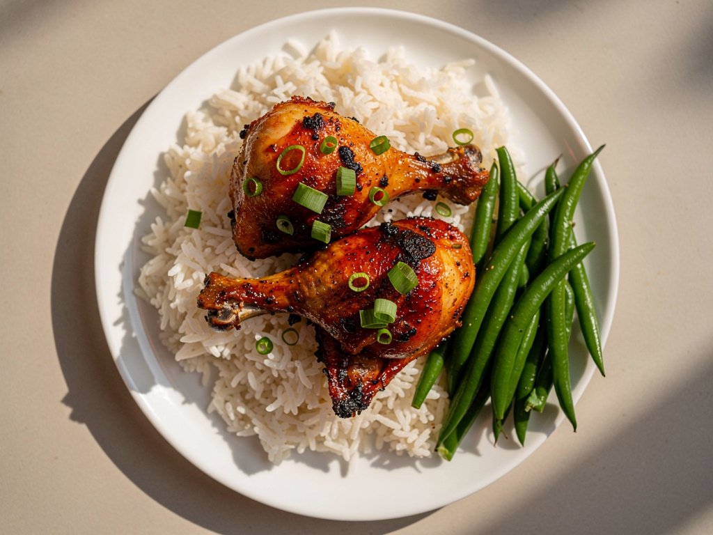 Sticky Honey Sriracha Chicken Legs with Basmati Rice and Green Beans