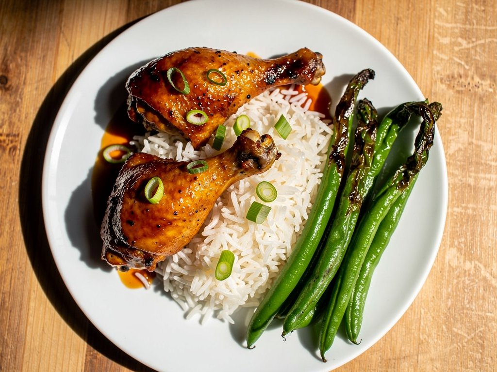Sticky Honey Sriracha Chicken Legs with Basmati Rice and Green Beans