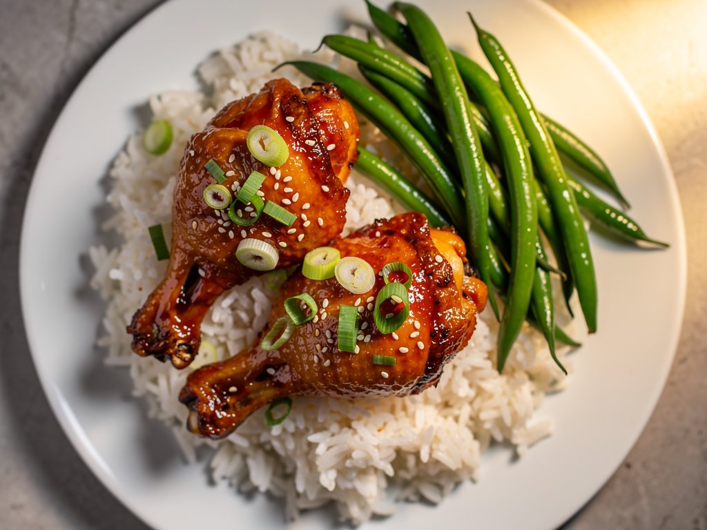 Sticky Honey Sriracha Chicken Legs with Basmati Rice and Green Beans