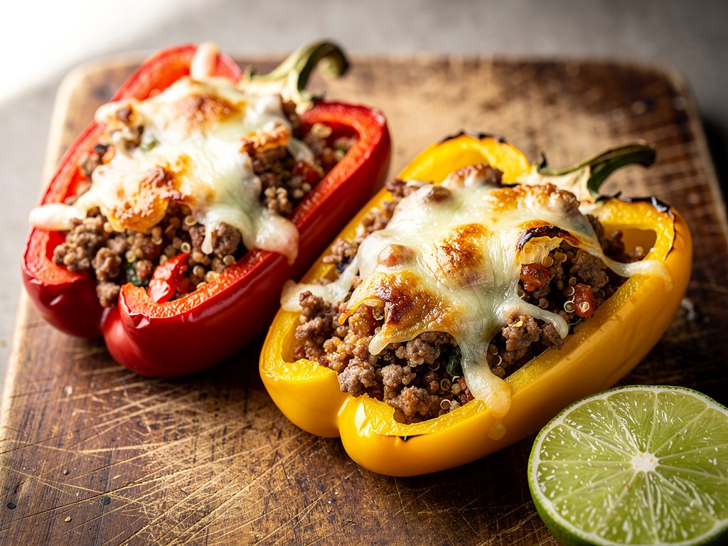 Stuffed Bell Peppers with Ground Beef, Quinoa, and Monterey Jack Cheese
