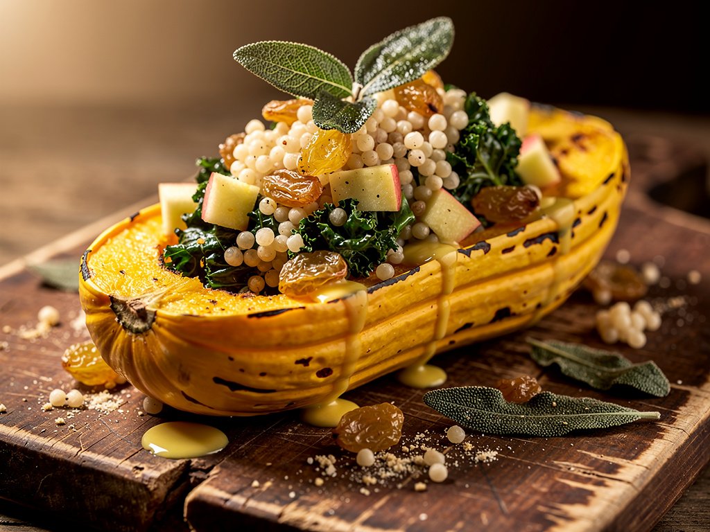 Stuffed Delicata Squash with Sage Brown Butter, Kale, Apple, and Raisin Couscous