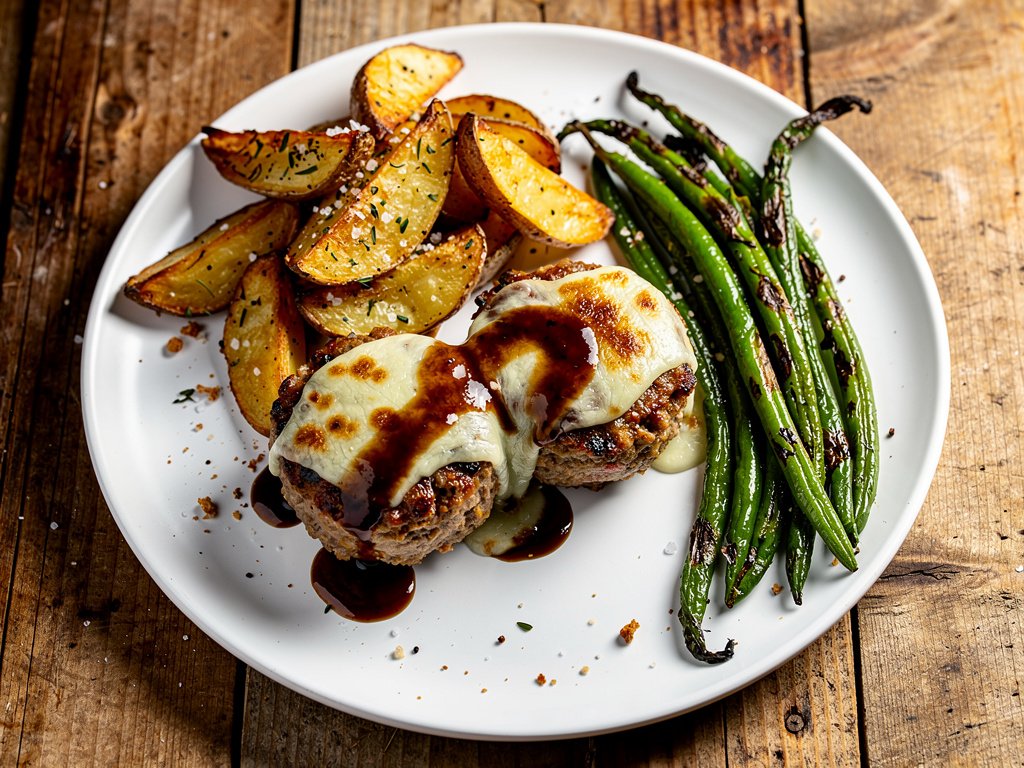 Stuffed Mozzarella Meatloaves with Balsamic Tomato Sauce and Roasted Potatoes