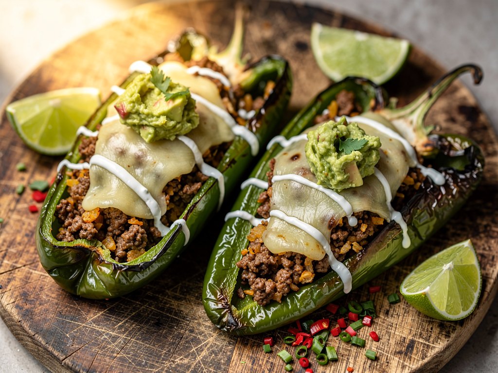 Stuffed Poblano Peppers with Cauliflower Rice, Ground Beef, and Guacamole