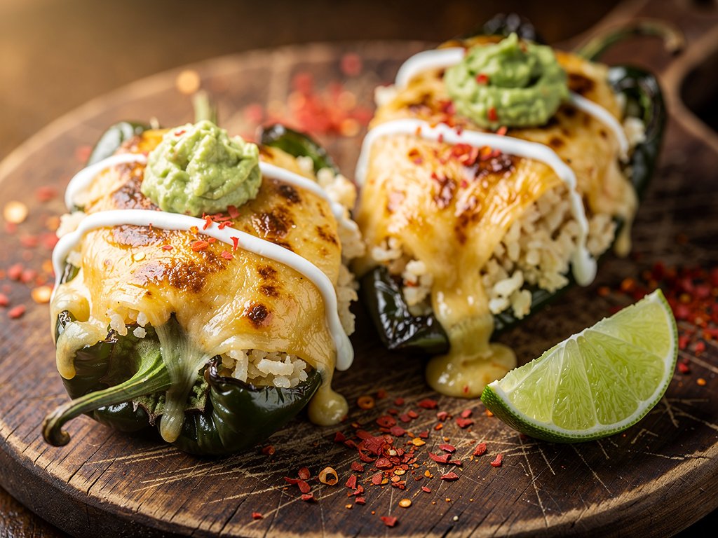 Stuffed Poblano Peppers with Cauliflower Rice, Guacamole, and Zesty Crema