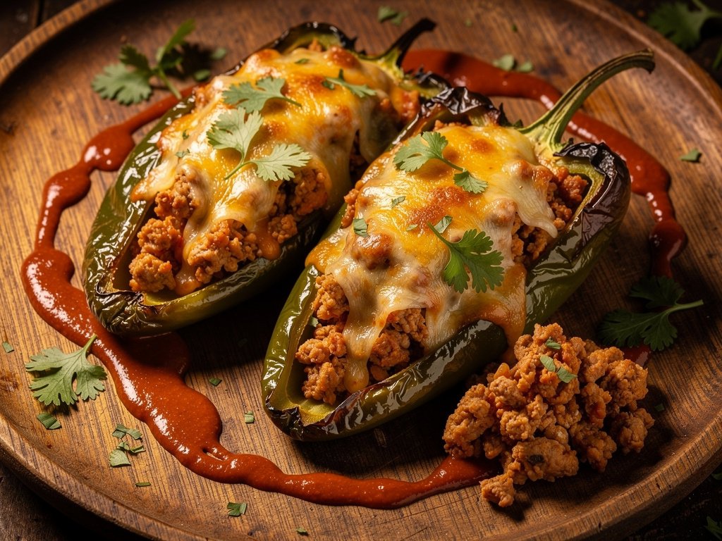 Stuffed Poblano Peppers with Ground Turkey and Chipotle Sauce
