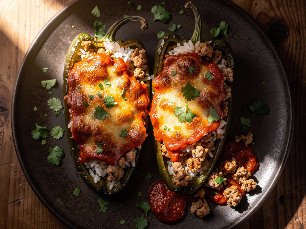 Stuffed Poblano Peppers with Ground Turkey and Chipotle Tomato Sauce