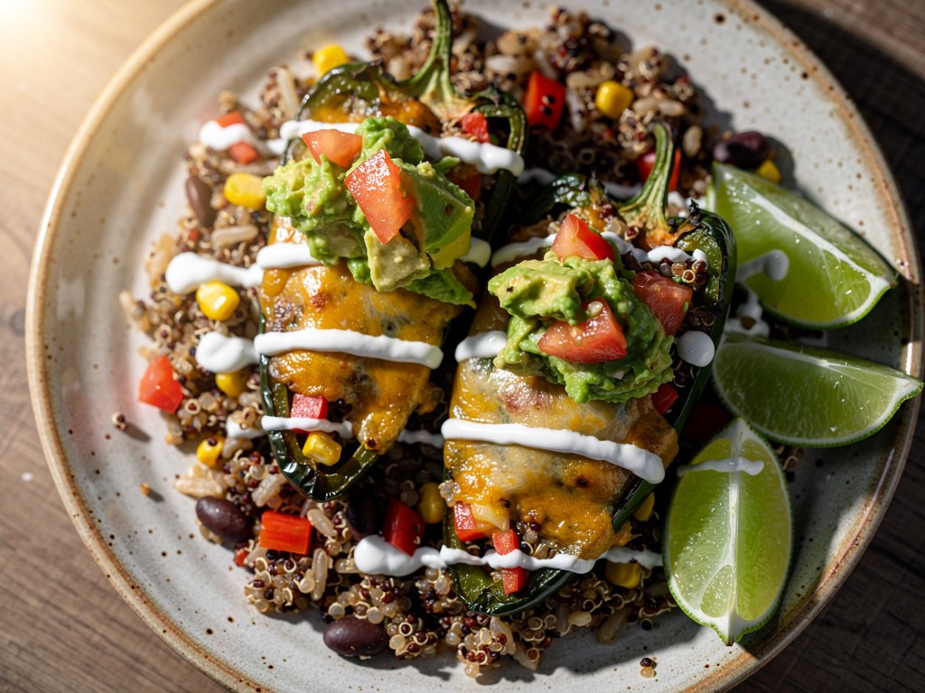 Stuffed Poblano Peppers with Seven Grains, Avocado Salsa, and Zesty Crema