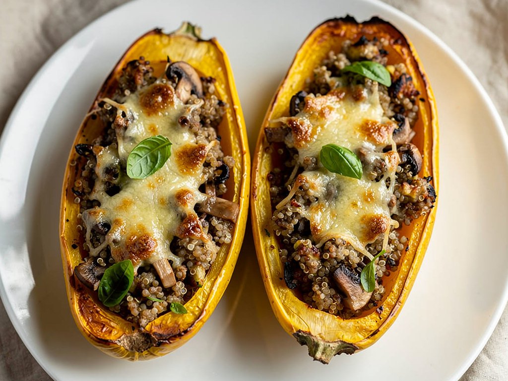 Stuffed Yellow Squash Boats with Mushroom Duxelles and Quinoa