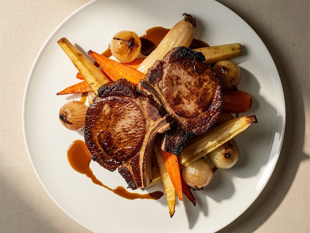 Sweet and Spicy Sugar-Rubbed Pork Chops with Caramelized Root Vegetables