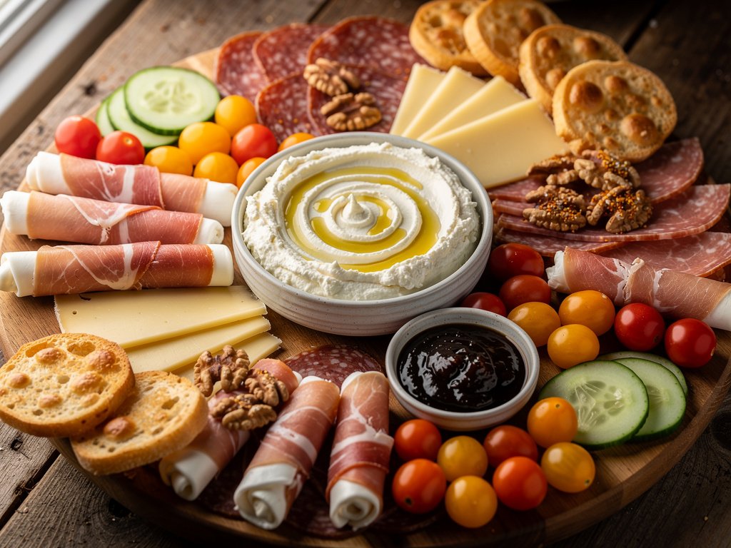 Summer Antipasto Board with Truffle Ricotta and Prosciutto Roll-Ups