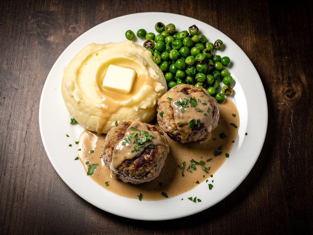 Swedish Meatballs with Creamy Onion Gravy and Charred Peas