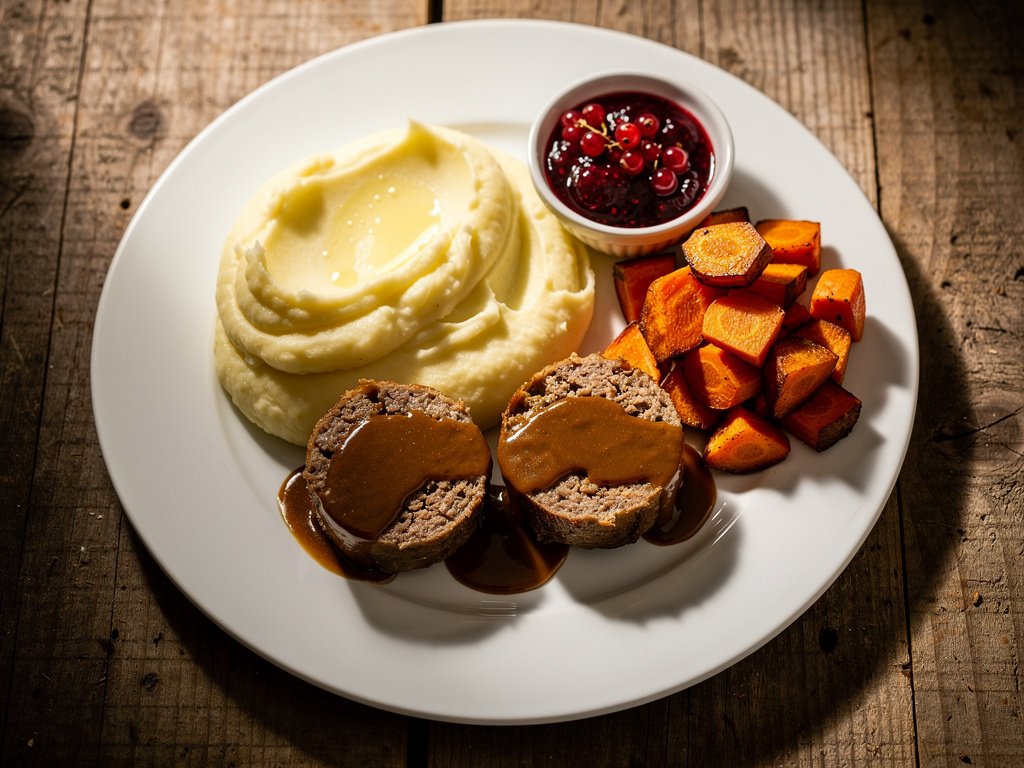 Swedish Meatloaf with Mashed Potatoes, Roasted Carrots, and Lingonberry Jam