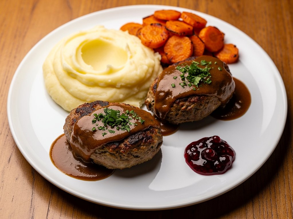 Swedish Meatloaf with Mashed Potatoes, Roasted Carrots, and Currant Jam