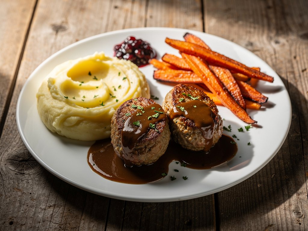 Swedish Meatloaf with Mashed Potatoes, Roasted Carrots, and Lingonberry Jam