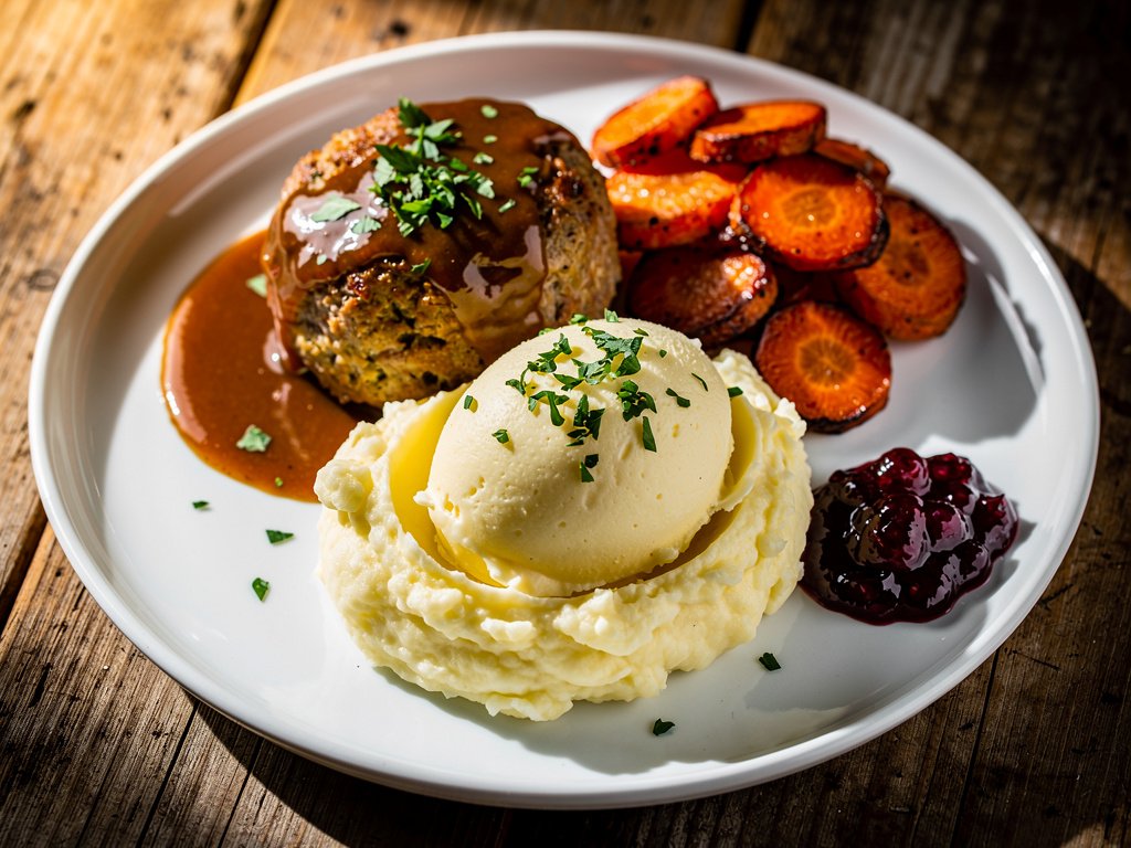 Swedish Meatloaves with Creamy Mashed Potatoes and Roasted Carrots