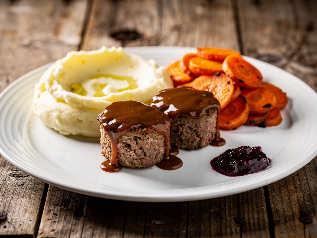 Swedish Meatloaves with Creamy Mashed Potatoes and Roasted Carrots