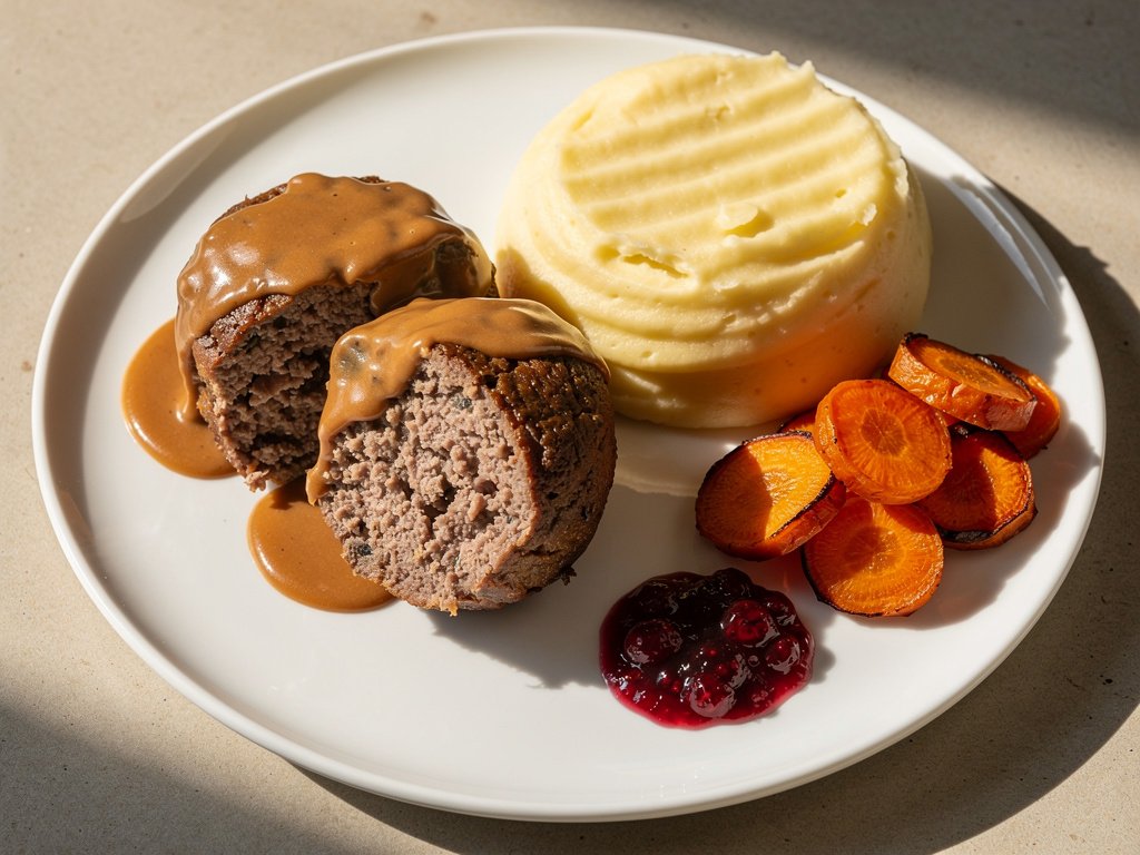 Swedish Meatloaves with Creamy Mashed Potatoes and Roasted Carrots