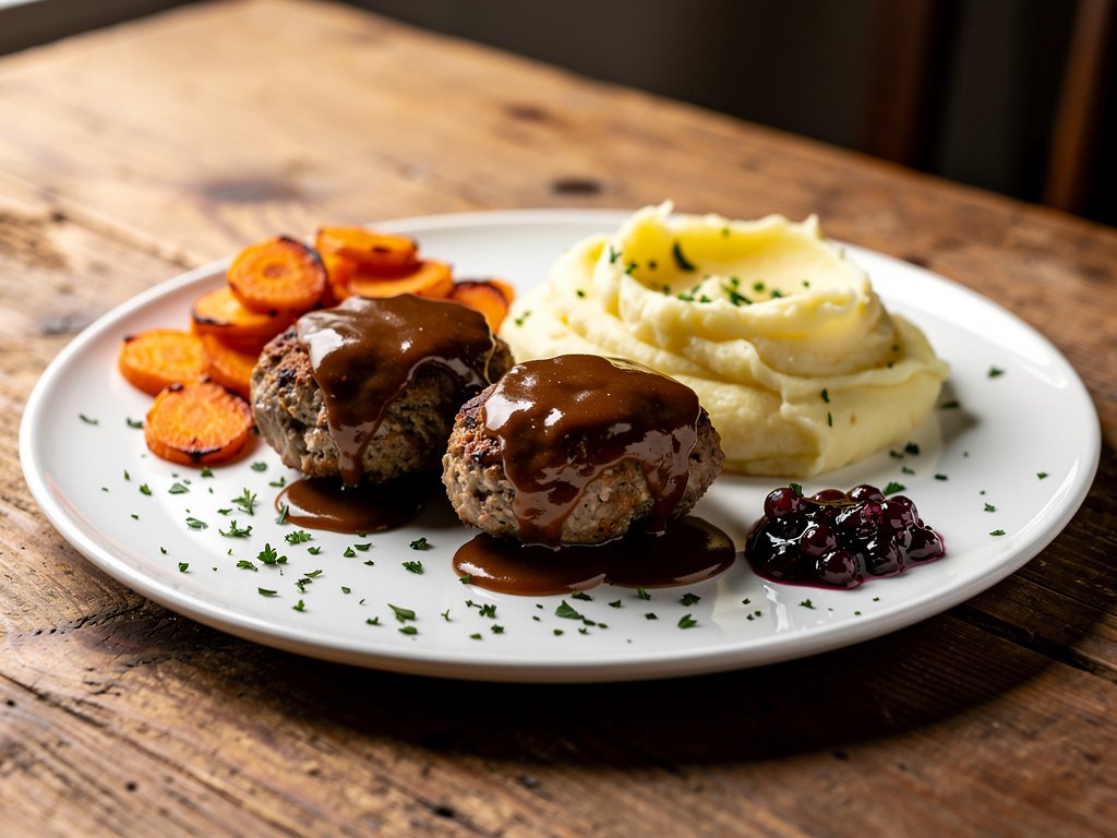 Swedish Meatloaves with Creamy Mashed Potatoes and Roasted Carrots