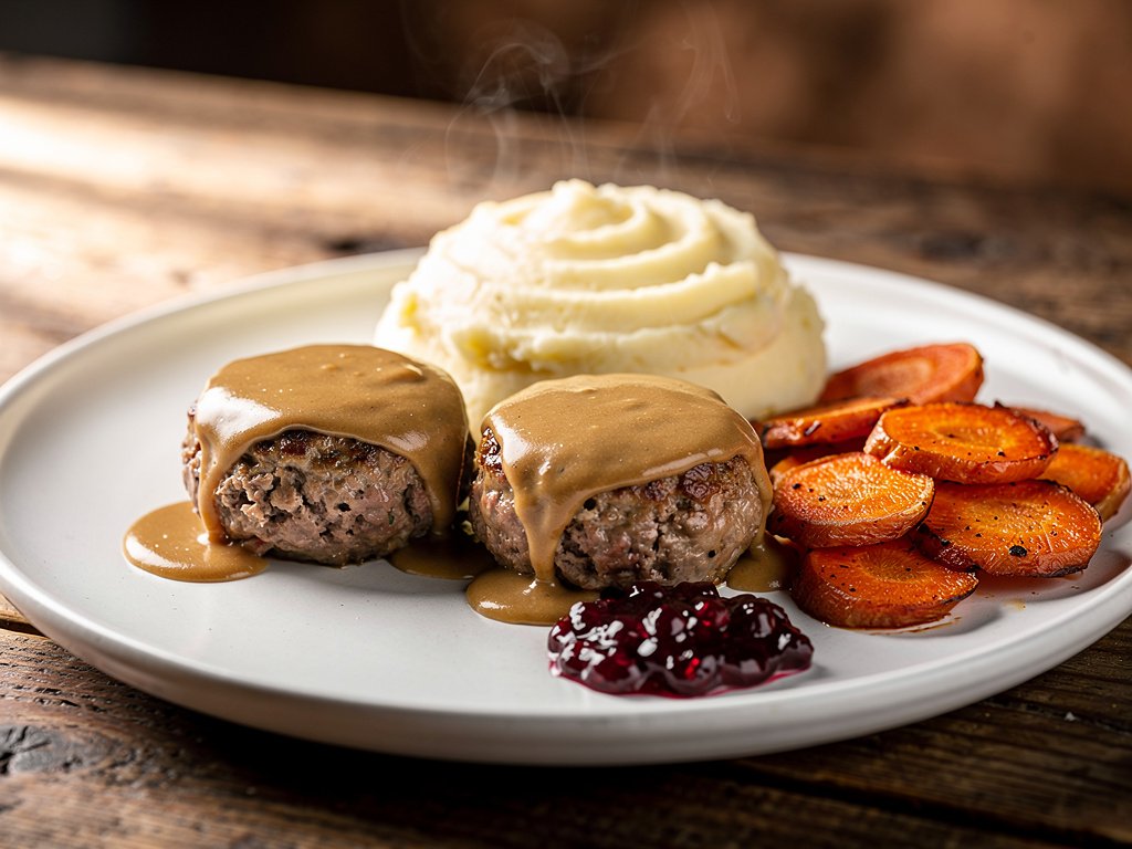 Swedish Meatloaves with Mashed Potatoes, Roasted Carrots, and Lingonberry Jam