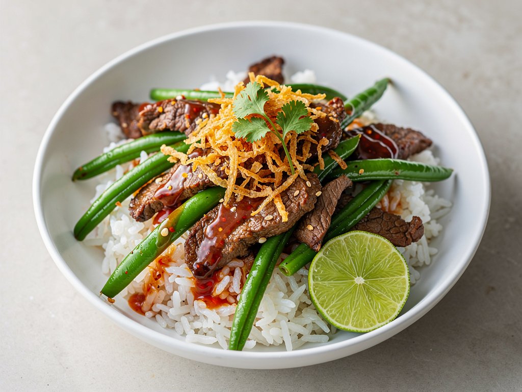 Sweet Chili Beef and Green Bean Bowls with Jasmine Rice