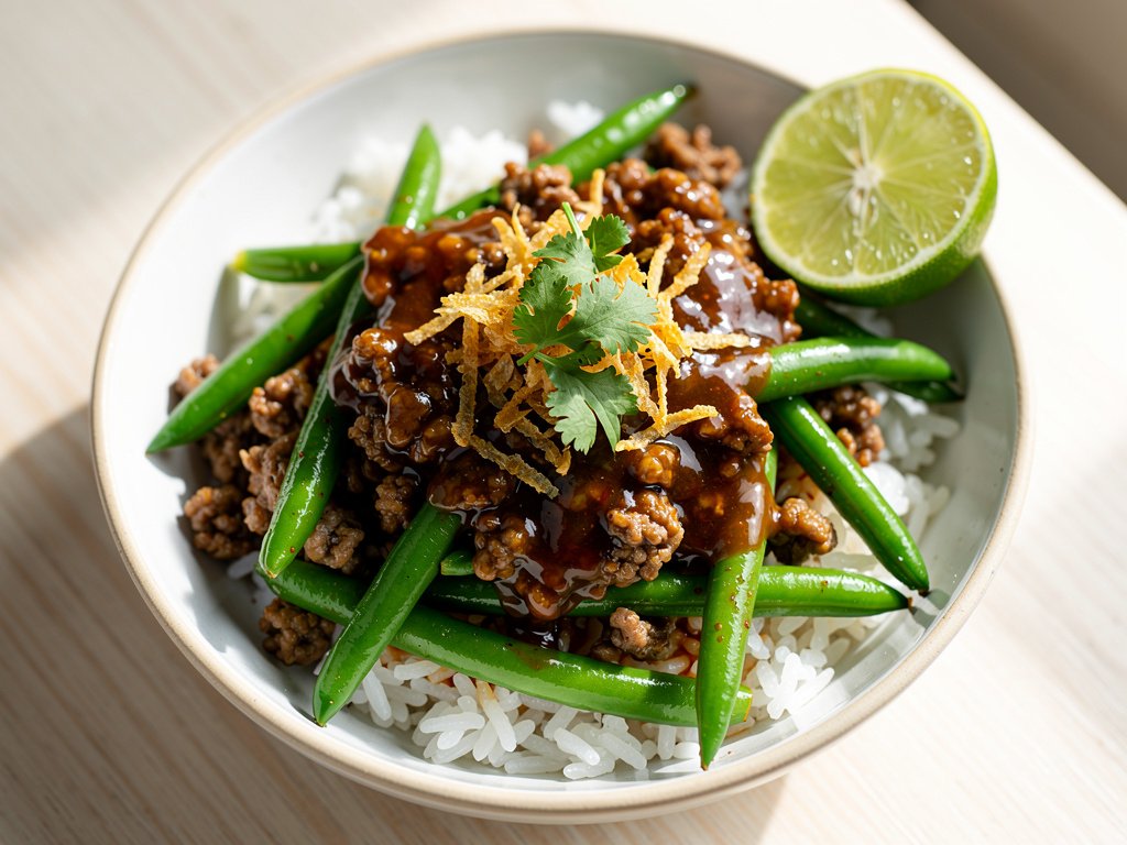 Sweet Chili Beef and Green Bean Rice Bowls with Crispy Onions