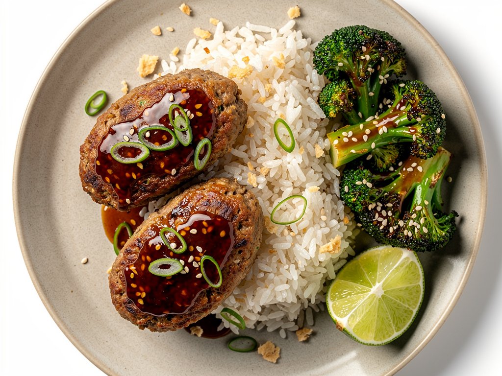 Sweet Chili Glazed Meatloaves with Ginger Rice and Ponzu Broccoli