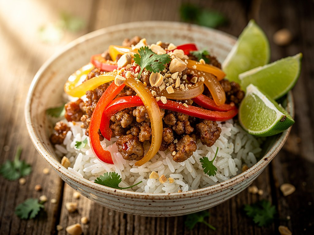 Sweet Chili Pork Bowls with Peanuts and Bell Pepper