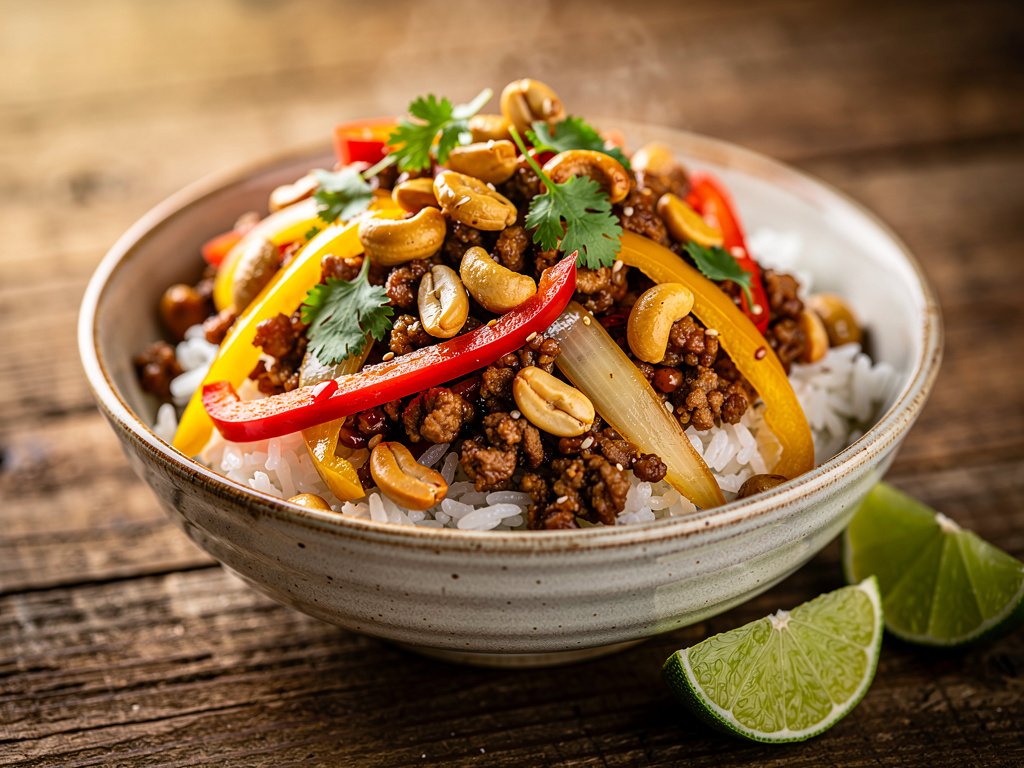 Sweet Chili Pork Bowls with Candied Peanuts and Bell Pepper