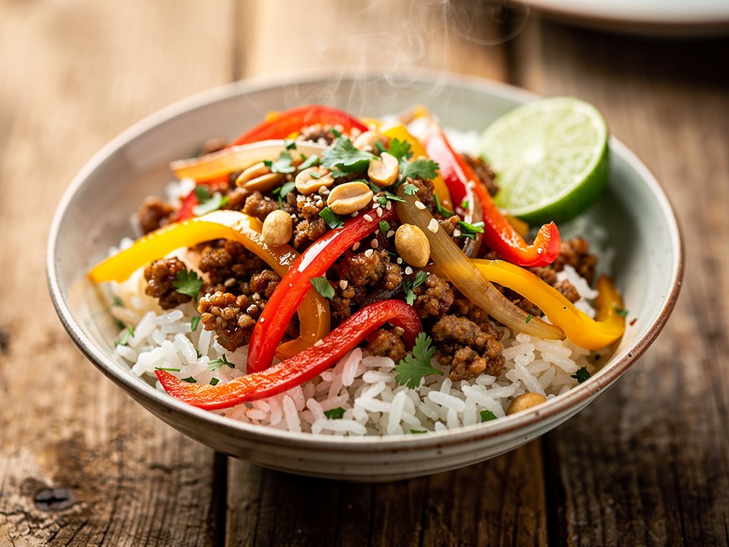 Sweet Chili Pork Bowls with Candied Peanuts and Bell Pepper