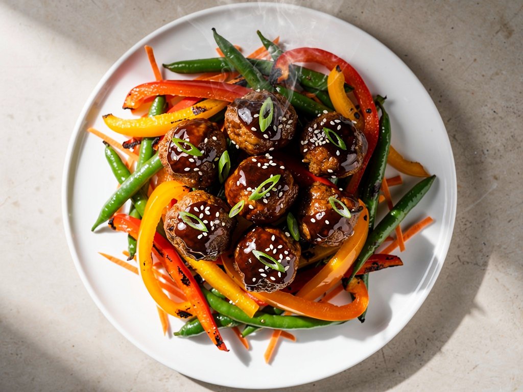 Sweet Chili Soy Glazed Meatballs with Ginger Ponzu Veggie Stir-Fry