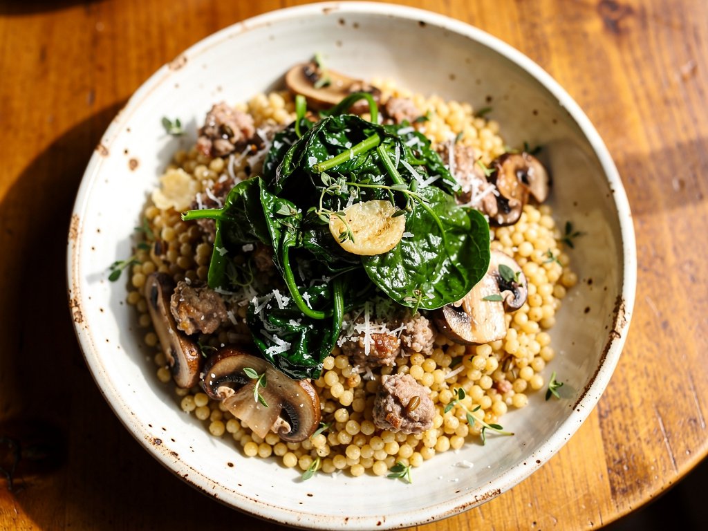 Sweet Italian Sausage with Fregula Sarda, Portobellos, and Wilted Spinach