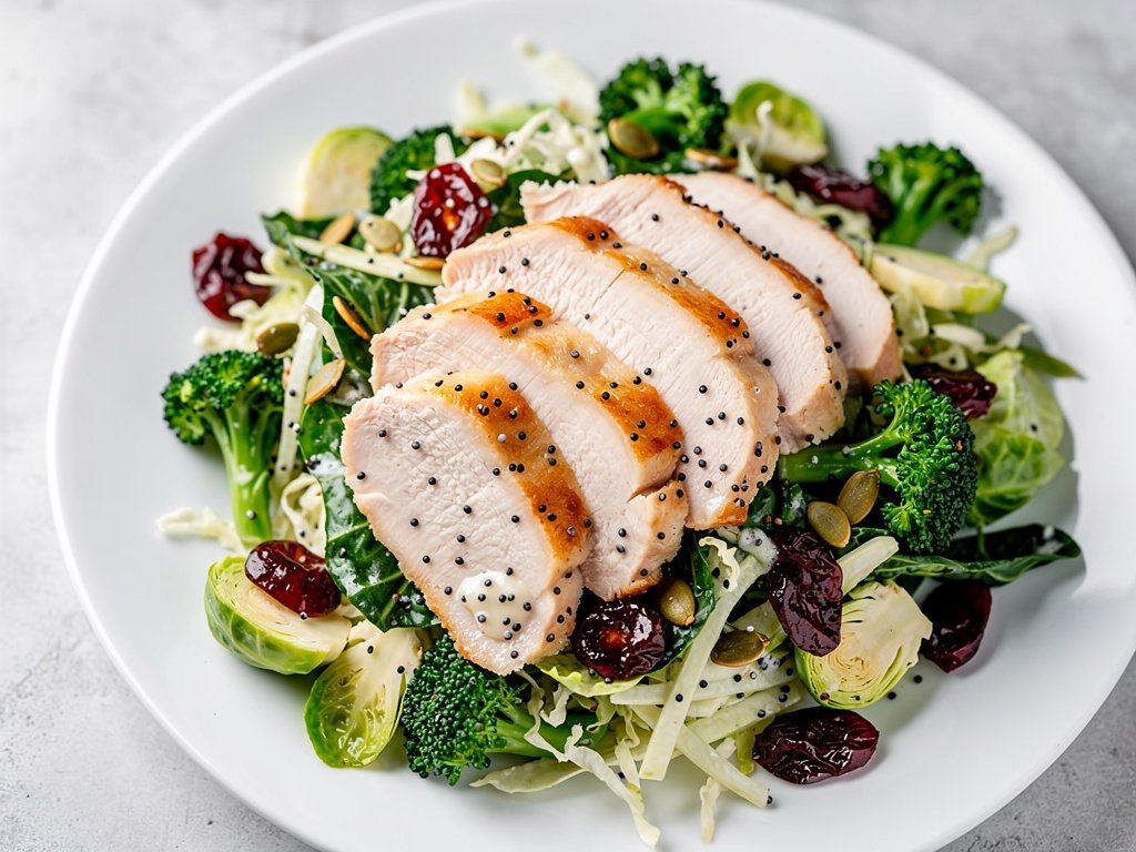 Quick Sweet Kale Salad with Pre-Cooked Chicken and Creamy Poppyseed Dressing