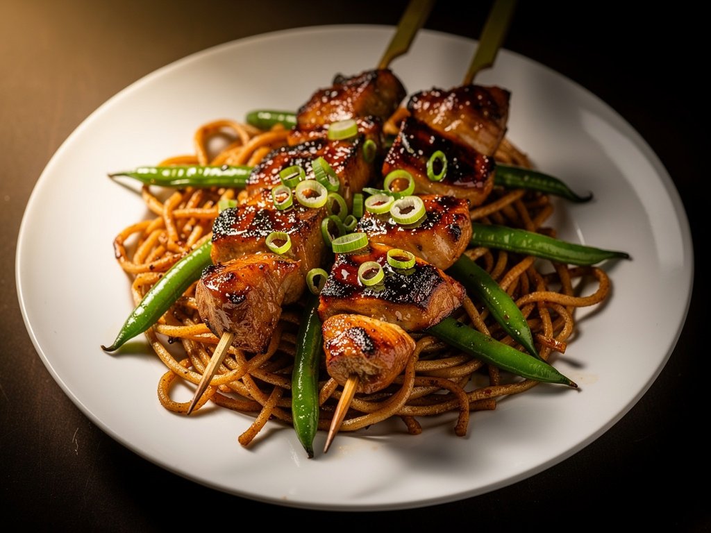 Sweet Soy Glazed Chicken Skewers with Crispy Noodles and Green Beans
